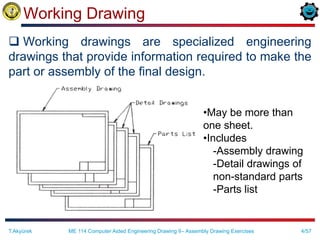 4/57
Working Drawing
 Working drawings are specialized engineering
drawings that provide information required to make the
part or assembly of the final design.
•May be more than
one sheet.
•Includes
-Assembly drawing
-Detail drawings of
non-standard parts
-Parts list
T.Akyürek ME 114 Computer Aided Engineering Drawing II– Assembly Drawing Exercises
 
