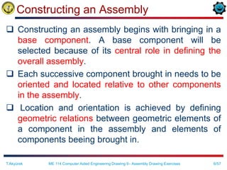 6/57
Constructing an Assembly
 Constructing an assembly begins with bringing in a
base component. A base component will be
selected because of its central role in defining the
overall assembly.
 Each successive component brought in needs to be
oriented and located relative to other components
in the assembly.
 Location and orientation is achieved by defining
geometric relations between geometric elements of
a component in the assembly and elements of
components beeing brought in.
T.Akyürek ME 114 Computer Aided Engineering Drawing II– Assembly Drawing Exercises
 