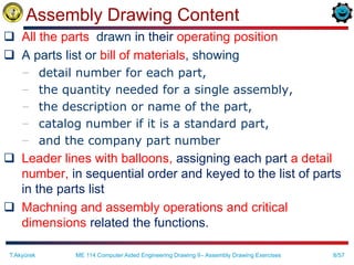 8/57
Assembly Drawing Content
 All the parts drawn in their operating position
 A parts list or bill of materials, showing
– detail number for each part,
– the quantity needed for a single assembly,
– the description or name of the part,
– catalog number if it is a standard part,
– and the company part number
 Leader lines with balloons, assigning each part a detail
number, in sequential order and keyed to the list of parts
in the parts list
 Machning and assembly operations and critical
dimensions related the functions.
T.Akyürek ME 114 Computer Aided Engineering Drawing II– Assembly Drawing Exercises
 