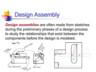 Design assemblies are often made from sketches
during the preliminary phases of a design process
to study the relationships that exist between the
components before the design is modeled.
Design Assembly
 