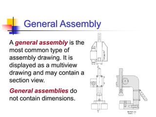 A general assembly is the
most common type of
assembly drawing. It is
displayed as a multiview
drawing and may contain a
section view.
General assemblies do
not contain dimensions.
General Assembly
 