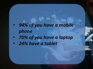 • 94% of you have a mobile
phone
• 70% of you have a laptop
• 24% have a tablet

 