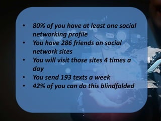 •

•
•
•
•

80% of you have at least one social
networking profile
You have 286 friends on social
network sites
You will visit those sites 4 times a
day
You send 193 texts a week
42% of you can do this blindfolded

 
