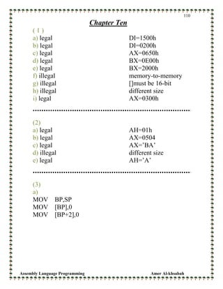 Assembly Language Programming Amer Al-khsabah
110
Chapter Ten
( 1 )
a) legal DI=1500h
b) legal DI=0200h
c) legal AX=0650h
d) legal BX=0E00h
e) legal BX=2000h
f) illegal memory-to-memory
g) illegal []must be 16-bit
h) illegal different size
i) legal AX=0300h
(2)
a) legal AH=01h
b) legal AX=0504
c) legal AX=’BA’
d) illegal different size
e) legal AH=’A’
(3)
a)
MOV BP,SP
MOV [BP],0
MOV [BP+2],0
 