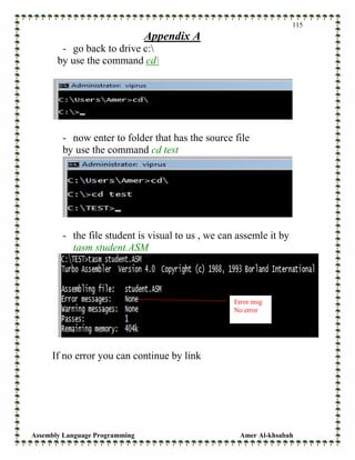 Assembly Language Programming Amer Al-khsabah
115
Appendix A
- go back to drive c:
by use the command cd
- now enter to folder that has the source file
by use the command cd test
- the file student is visual to us , we can assemle it by
tasm student.ASM
If no error you can continue by link
Error msg
No error
 