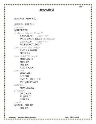 Assembly Language Programming Amer Al-khsabah
118
Appendix B
@MINUS: MOV CX,1
@PLUS: INT 21H
;end case
@REPEAT2:
;if char. is between '0' and '9'
CMP AL,'0' ;char >='0'?
JNGE @NOT_DIGIT ;illegal char.
CMP AL,'9' ;char<='9' ?
JNLE @NOT_DIGIT
;then convert char to digit
AND AX,000FH
PUSH AX
;total =total *10 +digit
MOV AX,10
MUL BX
POP BX
ADD BX,AX
;read char
MOV AH,1
INT 21H
CMP AL,0DH ;CR
JNE @REPEAT2
;until CR
MOV AX,BX
;if negative
OR CX,CX
JE @EXIT
NEG AX
;end if
@EXIT: POP DX
POP CX
 