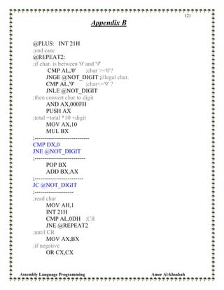 Assembly Language Programming Amer Al-khsabah
121
Appendix B
@PLUS: INT 21H
;end case
@REPEAT2:
;if char. is between '0' and '9'
CMP AL,'0' ;char >='0'?
JNGE @NOT_DIGIT ;illegal char.
CMP AL,'9' ;char<='9' ?
JNLE @NOT_DIGIT
;then convert char to digit
AND AX,000FH
PUSH AX
;total =total *10 +digit
MOV AX,10
MUL BX
;----------------------------
CMP DX,0
JNE @NOT_DIGIT
;--------------------------
POP BX
ADD BX,AX
;-------------------------
JC @NOT_DIGIT
;--------------------
;read char
MOV AH,1
INT 21H
CMP AL,0DH ;CR
JNE @REPEAT2
;until CR
MOV AX,BX
;if negative
OR CX,CX
 
