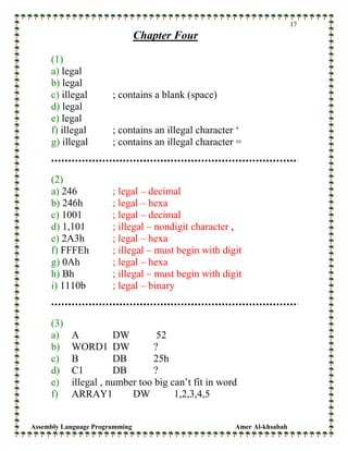 Assembly Language Programming Amer Al-khsabah
17
Chapter Four
(1)
a) legal
b) legal
c) illegal ; contains a blank (space)
d) legal
e) legal
f) illegal ; contains an illegal character ‘
g) illegal ; contains an illegal character =
(2)
a) 246 ; legal – decimal
b) 246h ; legal – hexa
c) 1001 ; legal – decimal
d) 1,101 ; illegal – nondigit character ,
e) 2A3h ; legal – hexa
f) FFFEh ; illegal – must begin with digit
g) 0Ah ; legal – hexa
h) Bh ; illegal – must begin with digit
i) 1110b ; legal – binary
(3)
a) A DW 52
b) WORD1 DW ?
c) B DB 25h
d) C1 DB ?
e) illegal , number too big can’t fit in word
f) ARRAY1 DW 1,2,3,4,5
 