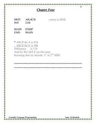 Assembly Language Programming Amer Al-khsabah
26
Chapter Four
MOV AH,4CH ; return to DOS
INT 21H
MAIN ENDP
END MAIN
* ASCII for A is 41h
ASCII for 0 is 30h
Difference is 11h
And for B,C,D,E,F are the same
Knowing that we include ‘1’ in 2nd
MSG
 