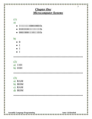 Assembly Language Programming Amer Al-khsabah
3
Chapter One
Microcomputer Systems
(1)
a)
• 1111111100010001b
• 0101010111111111b
• 0001000111011101b
b)
• 0
• 1
• 1
• 1
(2)
a) 1101
b) 0101
(3)
a) RAM
b) ROM
c) RAM
d) ROM
 