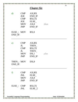 Assembly Language Programming Amer Al-khsabah
38
Chapter Six
d) CMP AX,BX
JGE END_IF
CMP BX,CX
JGE ELSE_
MOV AX,0 ;then
JMP END_IF
ELSE_: MOV BX,0
END_IF:
e) CMP AX,BX
JL THEN_
CMP BX,CX
JL THEN_
MOV DX,1 ;else
JMP END_IF
THEN_: MOV DX,0
END_IF:
f) CMP AX,BX
JNL ELSE_
MOV AX,0
JMP END_IF
ELSE_: CMP BX,CX
JNL ELSE_2
 