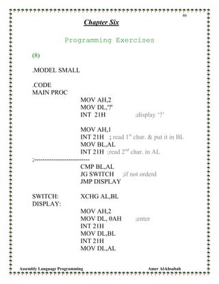 Assembly Language Programming Amer Al-khsabah
46
Chapter Six
Programming Exercises
(8)
.MODEL SMALL
.CODE
MAIN PROC
MOV AH,2
MOV DL,'?'
INT 21H ;display ‘?’
MOV AH,1
INT 21H ; read 1st
char. & put it in BL
MOV BL,AL
INT 21H ;read 2nd
char. in AL
;--------------------------
CMP BL,AL
JG SWITCH ;if not orderd
JMP DISPLAY
SWITCH: XCHG AL,BL
DISPLAY:
MOV AH,2
MOV DL, 0AH ;enter
INT 21H
MOV DL,BL
INT 21H
MOV DL,AL
 