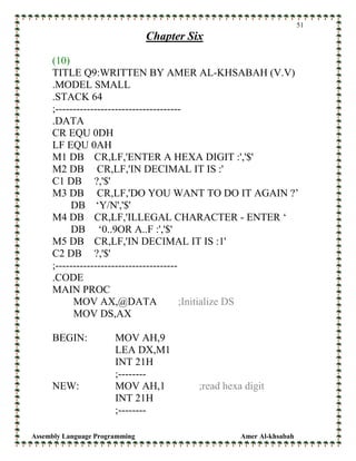 Assembly Language Programming Amer Al-khsabah
51
Chapter Six
(10)
TITLE Q9:WRITTEN BY AMER AL-KHSABAH (V.V)
.MODEL SMALL
.STACK 64
;------------------------------------
.DATA
CR EQU 0DH
LF EQU 0AH
M1 DB CR,LF,'ENTER A HEXA DIGIT :','$'
M2 DB CR,LF,'IN DECIMAL IT IS :'
C1 DB ?,'$'
M3 DB CR,LF,'DO YOU WANT TO DO IT AGAIN ?’
DB ‘Y/N','$'
M4 DB CR,LF,'ILLEGAL CHARACTER - ENTER ‘
DB ‘0..9OR A..F :','$'
M5 DB CR,LF,'IN DECIMAL IT IS :1'
C2 DB ?,'$'
;-----------------------------------
.CODE
MAIN PROC
MOV AX,@DATA ;Initialize DS
MOV DS,AX
BEGIN: MOV AH,9
LEA DX,M1
INT 21H
;--------
NEW: MOV AH,1 ;read hexa digit
INT 21H
;--------
 