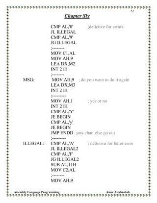Assembly Language Programming Amer Al-khsabah
52
Chapter Six
CMP AL,'0' ;detictive for errors
JL ILLEGAL
CMP AL,'9'
JG ILLEGAL
;--------
MOV C1,AL
MOV AH,9
LEA DX,M2
INT 21H
;--------
MSG: MOV AH,9 ; do you want to do it again
LEA DX,M3
INT 21H
;---------
MOV AH,1 ; yes or no
INT 21H
CMP AL,'Y'
JE BEGIN
CMP AL,'y'
JE BEGIN
JMP ENDD ;any char. else go out
;---------
ILLEGAL: CMP AL,'A' ; detictive for letter error
JL ILLEGAL2
CMP AL,'F'
JG ILLEGAL2
SUB AL,11H
MOV C2,AL
;--------
MOV AH,9
 