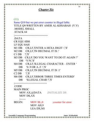 Assembly Language Programming Amer Al-khsabah
54
Chapter Six
(11)
Same Q10 but we put error counter in illegal lable.
TITLE Q9:WRITTEN BY AMER AL-KHSABAH (V.V)
.MODEL SMALL
.STACK 64
;------------------------------------
.DATA
CR EQU 0DH
LF EQU 0AH
M1 DB CR,LF,'ENTER A HEXA DIGIT :','$'
M2 DB CR,LF,'IN DECIMAL IT IS :'
C1 DB ?,'$'
M3 DB CR,LF,'DO YOU WANT TO DO IT AGAIN ?’
DB ‘Y/N','$'
M4 DB CR,LF,'ILLEGAL CHARACTER – ENTER ‘
DB ‘0..9 OR A..F :','$'
M5 DB CR,LF,'IN DECIMAL IT IS :1'
C2 DB ?,'$'
M6 DB CR,LF,'ERROR THREE TIMES ENTERD’
DB ‘ILLEGAL CHAR !','$'
;-----------------------------------
.CODE
MAIN PROC
MOV AX,@DATA ;INITIALIZE DS
MOV DS,AX
;------
BEGIN: MOV BL,0 ;counter for error
MOV AH,9
LEA DX,M1
 