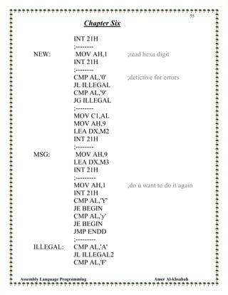 Assembly Language Programming Amer Al-khsabah
55
Chapter Six
INT 21H
;--------
NEW: MOV AH,1 ;read hexa digit
INT 21H
;--------
CMP AL,'0' ;detictive for errors
JL ILLEGAL
CMP AL,'9'
JG ILLEGAL
;--------
MOV C1,AL
MOV AH,9
LEA DX,M2
INT 21H
;--------
MSG: MOV AH,9
LEA DX,M3
INT 21H
;---------
MOV AH,1 ;do u want to do it again
INT 21H
CMP AL,'Y'
JE BEGIN
CMP AL,'y'
JE BEGIN
JMP ENDD
;---------
ILLEGAL: CMP AL,'A'
JL ILLEGAL2
CMP AL,'F'
 