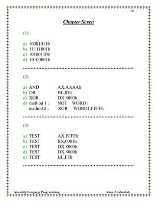 Assembly Language Programming Amer Al-khsabah
58
Chapter Seven
(1)
a) 10001011b
b) 11111001b
c) 10100110b
d) 10100001b
(2)
a) AND AX,AAAAh
b) OR BL,81h
c) XOR DX,8000h
d) method 1 : NOT WORD1
method 2 : XOR WORD1,FFFFh
(3)
a) TEST AX,FFFFh
b) TEST BX,0001h
c) TEST DX,8000h
d) TEST DX,8000h
e) TEST BL,FFh
 