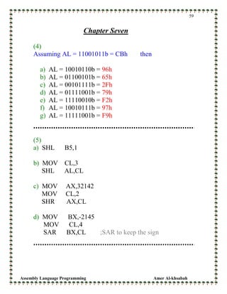 Assembly Language Programming Amer Al-khsabah
59
Chapter Seven
(4)
Assuming AL = 11001011b = CBh then
a) AL = 10010110b = 96h
b) AL = 01100101b = 65h
c) AL = 00101111b = 2Fh
d) AL = 01111001b = 79h
e) AL = 11110010b = F2h
f) AL = 10010111b = 97h
g) AL = 11111001b = F9h
(5)
a) SHL B5,1
b) MOV CL,3
SHL AL,CL
c) MOV AX,32142
MOV CL,2
SHR AX,CL
d) MOV BX,-2145
MOV CL,4
SAR BX,CL ;SAR to keep the sign
 