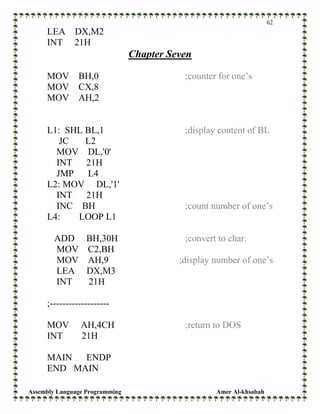 Assembly Language Programming Amer Al-khsabah
62
LEA DX,M2
INT 21H
Chapter Seven
MOV BH,0 ;counter for one’s
MOV CX,8
MOV AH,2
L1: SHL BL,1 ;display content of BL
JC L2
MOV DL,'0'
INT 21H
JMP L4
L2: MOV DL,'1'
INT 21H
INC BH ;count number of one’s
L4: LOOP L1
ADD BH,30H ;convert to char.
MOV C2,BH
MOV AH,9 ;display number of one’s
LEA DX,M3
INT 21H
;-------------------
MOV AH,4CH ;return to DOS
INT 21H
MAIN ENDP
END MAIN
 