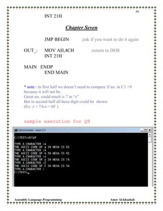 Assembly Language Programming Amer Al-khsabah
66
INT 21H
Chapter Seven
JMP BEGIN ;ask if you want to do it again
OUT_: MOV AH,4CH ;return to DOS
INT 21H
MAIN ENDP
END MAIN
* note : in first half we doesn’t need to compare if no. in C1 >9
because it will not be .
Great no. could reach is 7 in “z”
But in second half all hexa digit could be shown
(Ex: z = 7Ao = 6F )
sample execution for Q9
 