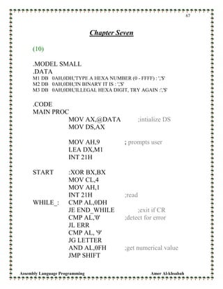 Assembly Language Programming Amer Al-khsabah
67
Chapter Seven
(10)
.MODEL SMALL
.DATA
M1 DB 0AH,0DH,'TYPE A HEXA NUMBER (0 - FFFF) : ','$'
M2 DB 0AH,0DH,'IN BINARY IT IS : ','$'
M3 DB 0AH,0DH,'ILLEGAL HEXA DIGIT, TRY AGAIN :','$'
.CODE
MAIN PROC
MOV AX,@DATA ;intialize DS
MOV DS,AX
MOV AH,9 ; prompts user
LEA DX,M1
INT 21H
START :XOR BX,BX
MOV CL,4
MOV AH,1
INT 21H ;read
WHILE_: CMP AL,0DH
JE END_WHILE ;exit if CR
CMP AL,'0' ;detect for error
JL ERR
CMP AL, '9'
JG LETTER
AND AL,0FH ;get numerical value
JMP SHIFT
 