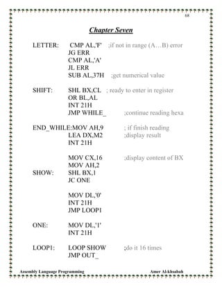Assembly Language Programming Amer Al-khsabah
68
Chapter Seven
LETTER: CMP AL,'F' ;if not in range (A…B) error
JG ERR
CMP AL,'A'
JL ERR
SUB AL,37H ;get numerical value
SHIFT: SHL BX,CL ; ready to enter in register
OR BL,AL
INT 21H
JMP WHILE_ ;continue reading hexa
END_WHILE:MOV AH,9 ; if finish reading
LEA DX,M2 ;display result
INT 21H
MOV CX,16 ;display content of BX
MOV AH,2
SHOW: SHL BX,1
JC ONE
MOV DL,'0'
INT 21H
JMP LOOP1
ONE: MOV DL,'1'
INT 21H
LOOP1: LOOP SHOW ;do it 16 times
JMP OUT_
 