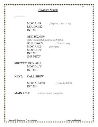 Assembly Language Programming Amer Al-khsabah
77
Chapter Seven
;-----------
MOV AH,9 ;display result msg
LEA DX,M2
INT 21H
ADD BX,NUM
;BX=num1(NUM)+num2(BX)
JC SHOWCY ;if there carry
MOV AH,2 ;no carry
MOV DL,'0'
INT 21H
JMP NEXT
SHOWCY:MOV AH,2
MOV DL,'1'
INT 21H
NEXT: CALL SHOW
MOV AH,4CH ;return to DOS
INT 21H
MAIN ENDP ;end of main program
 