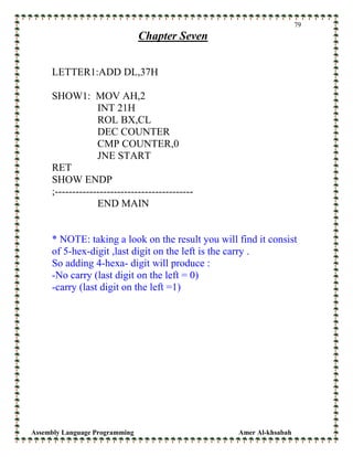 Assembly Language Programming Amer Al-khsabah
79
Chapter Seven
LETTER1:ADD DL,37H
SHOW1: MOV AH,2
INT 21H
ROL BX,CL
DEC COUNTER
CMP COUNTER,0
JNE START
RET
SHOW ENDP
;----------------------------------------
END MAIN
* NOTE: taking a look on the result you will find it consist
of 5-hex-digit ,last digit on the left is the carry .
So adding 4-hexa- digit will produce :
-No carry (last digit on the left = 0)
-carry (last digit on the left =1)
 