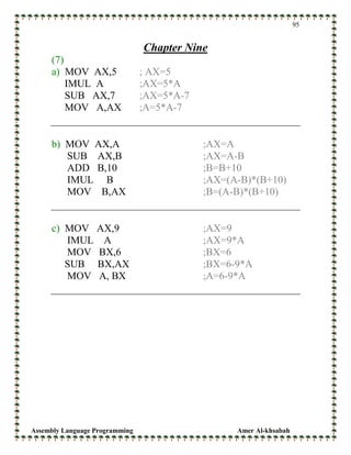 Assembly Language Programming Amer Al-khsabah
95
Chapter Nine
(7)
a) MOV AX,5 ; AX=5
IMUL A ;AX=5*A
SUB AX,7 ;AX=5*A-7
MOV A,AX ;A=5*A-7
b) MOV AX,A ;AX=A
SUB AX,B ;AX=A-B
ADD B,10 ;B=B+10
IMUL B ;AX=(A-B)*(B+10)
MOV B,AX ;B=(A-B)*(B+10)
c) MOV AX,9 ;AX=9
IMUL A ;AX=9*A
MOV BX,6 ;BX=6
SUB BX,AX ;BX=6-9*A
MOV A, BX ;A=6-9*A
 