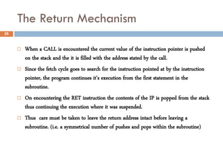 The Return Mechanism
26



        When a CALL is encountered the current value of the instruction pointer is pushed
    ...