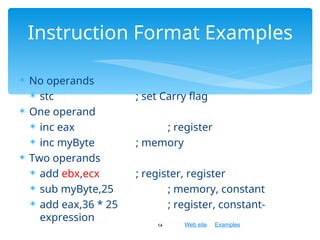 Web site Examples
 No operands
 stc ; set Carry flag
 One operand
 inc eax ; register
 inc myByte ; memory
 Two operands
 add ebx,ecx ; register, register
 sub myByte,25 ; memory, constant
 add eax,36 * 25 ; register, constant-
expression
14
Instruction Format Examples
 