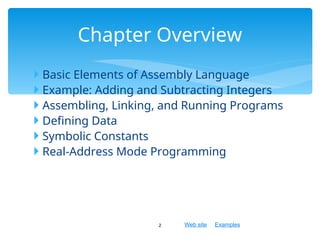 Web site Examples
 Basic Elements of Assembly Language
 Example: Adding and Subtracting Integers
 Assembling, Linking, and Running Programs
 Defining Data
 Symbolic Constants
 Real-Address Mode Programming
2
Chapter Overview
 