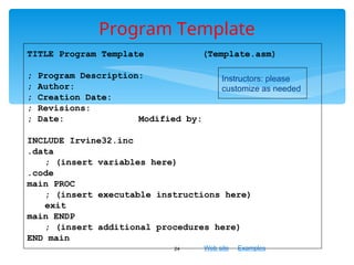 Web site Examples
Program Template
24
TITLE Program Template (Template.asm)
; Program Description:
; Author:
; Creation Date:
; Revisions:
; Date: Modified by:
INCLUDE Irvine32.inc
.data
; (insert variables here)
.code
main PROC
; (insert executable instructions here)
exit
main ENDP
; (insert additional procedures here)
END main
Instructors: please
customize as needed
 