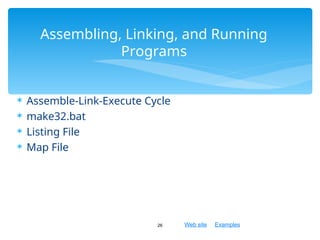 Web site Examples
 Assemble-Link-Execute Cycle
 make32.bat
 Listing File
 Map File
26
Assembling, Linking, and Running
Programs
 