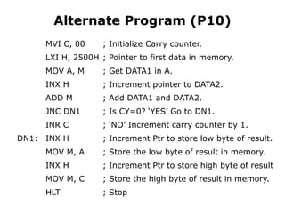 Alternate Program (P10)
MVI C, 00 ; Initialize Carry counter.
LXI H, 2500H ; Pointer to first data in memory.
MOV A, M ; Get DATA1 in A.
INX H ; Increment pointer to DATA2.
ADD M ; Add DATA1 and DATA2.
JNC DN1 ; Is CY=0? ‘YES’ Go to DN1.
INR C ; ‘NO’ Increment carry counter by 1.
DN1: INX H ; Increment Ptr to store low byte of result.
MOV M, A ; Store the low byte of result in memory.
INX H ; Increment Ptr to store high byte of result
MOV M, C ; Store the high byte of result in memory.
HLT ; Stop
 