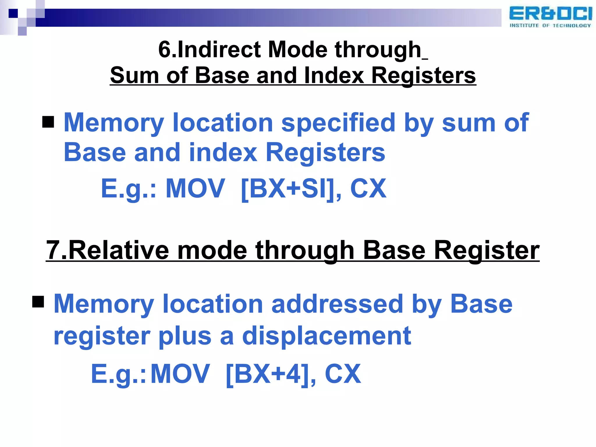 6.Indirect Mode through   Sum of Base and Index Registers Memory location specified by sum of Base and index Registers E.g.: MOV  [BX+SI], CX 7.Relative mode through Base Register Memory location addressed by Base register plus a displacement E.g.: MOV  [BX+4], CX 