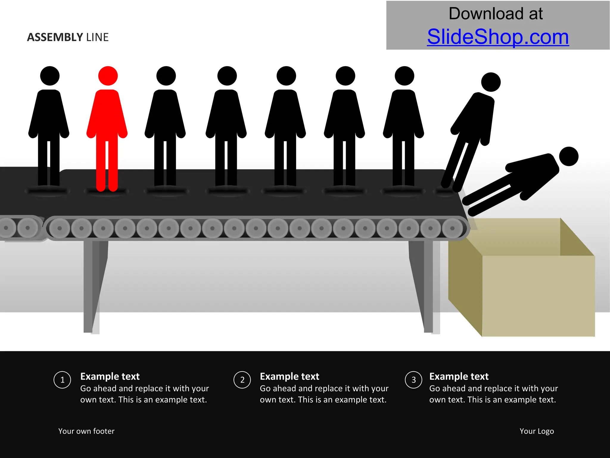 v ASSEMBLY  LINE Example text Go ahead and replace it with your own text. This is an example text.  Example text Go ahead and replace it with your own text. This is an example text.  Example text Go ahead and replace it with your own text. This is an example text.  Your own footer Your Logo 1 2 3 