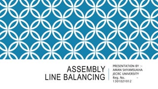 ASSEMBLY
LINE BALANCING
PRESENTATION BY :-
AMAN SHYAMSUKHA
JECRC UNIVERSITY
Reg. No. -
1301021012
 