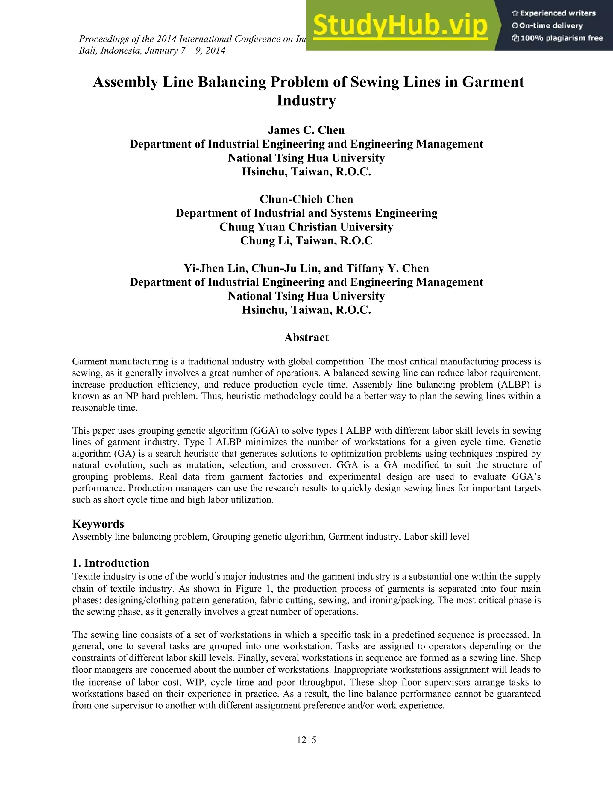 Assembly Line Balancing Problem Of Sewing Lines In Garment Industry PDF