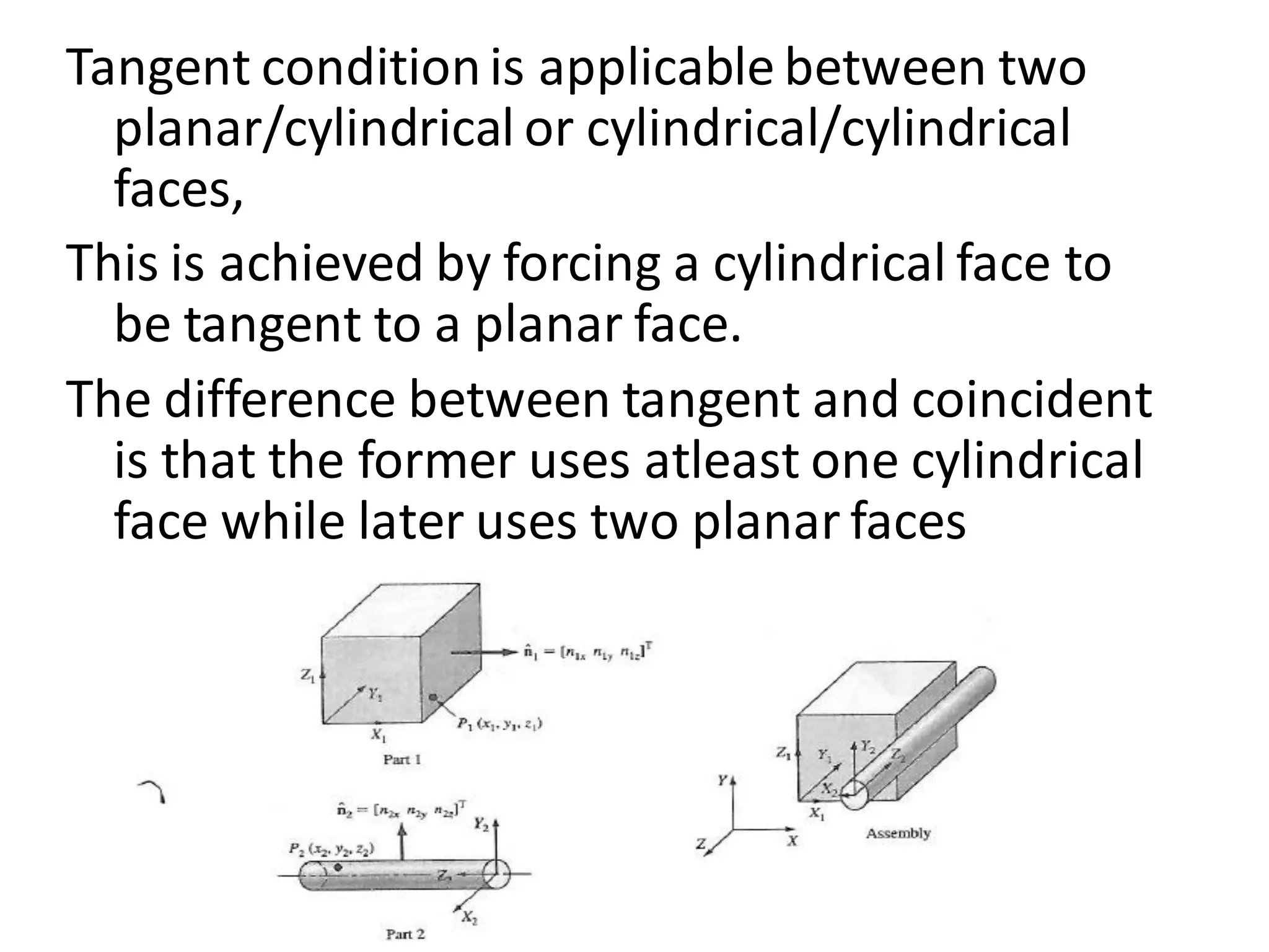 Tangent conditionis applicable between two
planar/cylindrical or cylindrical/cylindrical
faces,
This is achieved by forcing a cylindrical face to
be tangent to a planar face.
The difference between tangent and coincident
is that the former uses atleast one cylindrical
face while later uses two planar faces
 
