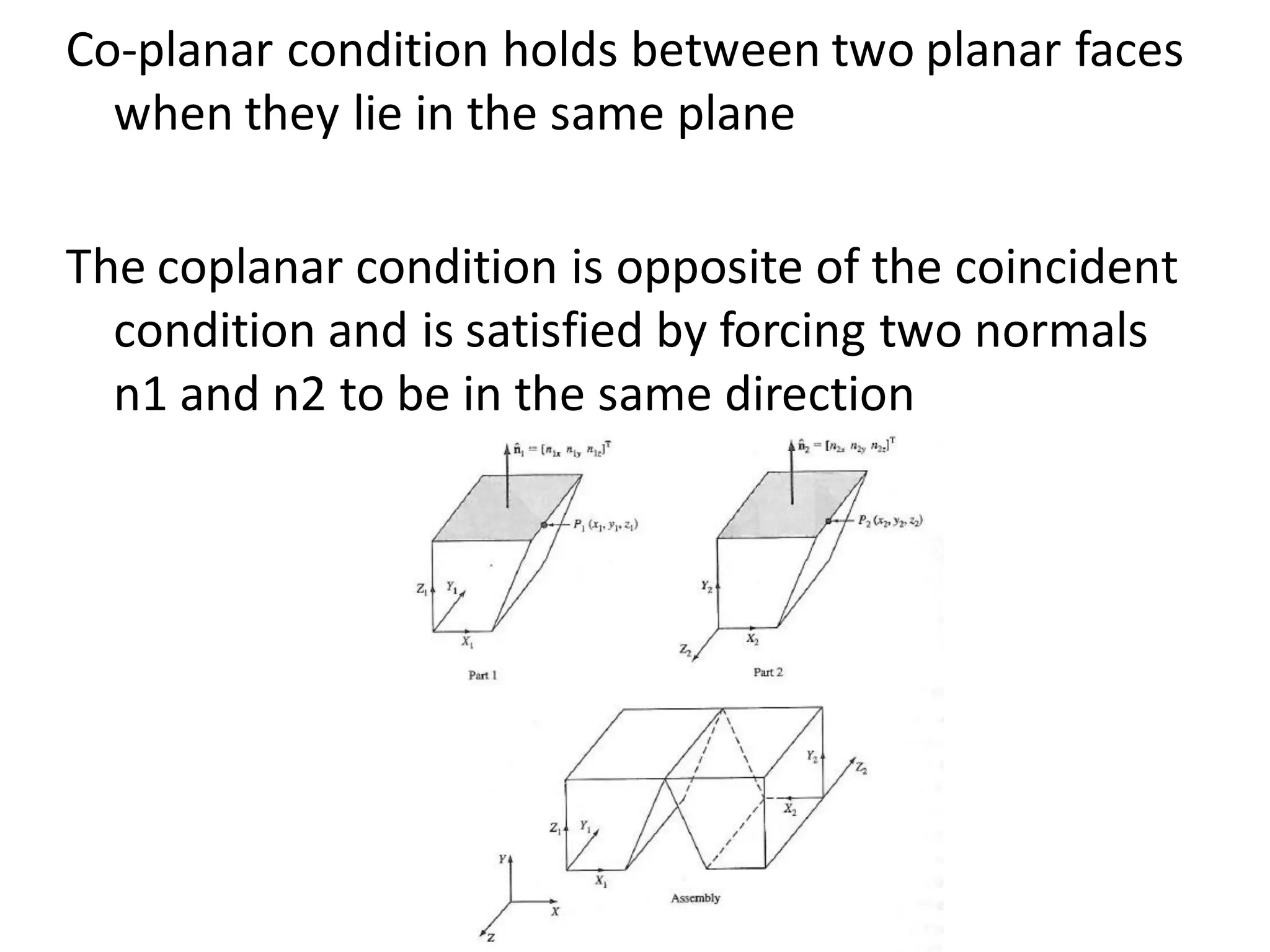 Co-planar condition holds between two planar faces
when they lie in the same plane
The coplanar condition is opposite of the coincident
condition and is satisfied by forcing two normals
n1 and n2 to be in the same direction
 