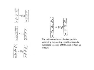 The unit normals and the two points
specifying the mating conditionscan be
expressed interms of MCS(xyz) system as
follows
 