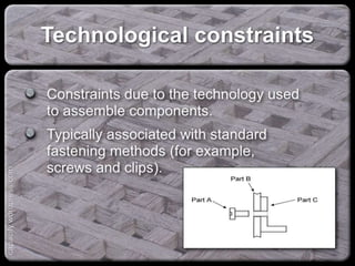Technological constraints
Constraints due to the technology used to
assemble components.
Typically associated with standard
fastening methods (for example, screws
and clips).
capacify.wordpress.com
 