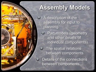 Assembly Models
A description of the assembly
for input to planning.
Part models (geometry and
other details of individual
components).
The spatial relations
between components.
Details of the connections
between components.
capacify.wordpress.com
 