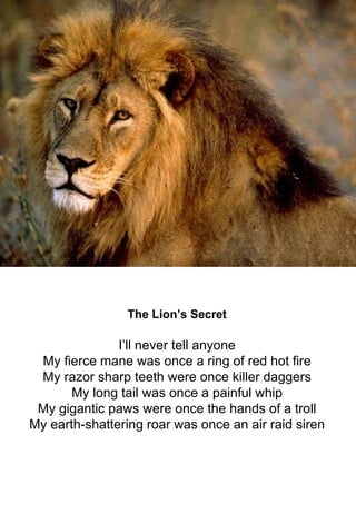 The Lion’s Secret I’ll never tell anyone My fierce mane was once a ring of red hot fire My razor sharp teeth were once kil...
