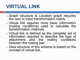 VIRTUAL LINK
10
 Graph structure & Location graph requires
the user to input transformation matrix.
 Virtual link requires more basic information
(mating conditions) used to calculate the
transformation matrices.
 Virtual link is defined as the complete set of
information required to describe the type of
attachment and the mating conditions
between the mating pair.
 Data structure of this scheme is based on the
concept of virtual link.
 
