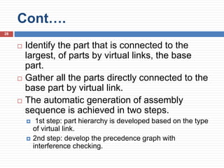 Cont….
28
 Identify the part that is connected to the
largest, of parts by virtual links, the base
part.
 Gather all the parts directly connected to the
base part by virtual link.
 The automatic generation of assembly
sequence is achieved in two steps.
 1st step: part hierarchy is developed based on the type
of virtual link.
 2nd step: develop the precedence graph with
interference checking.
 