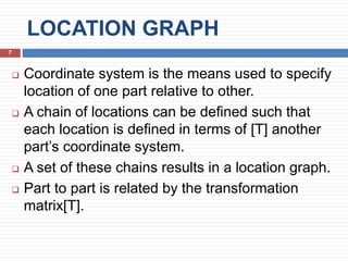 LOCATION GRAPH
7
 Coordinate system is the means used to specify
location of one part relative to other.
 A chain of locations can be defined such that
each location is defined in terms of [T] another
part’s coordinate system.
 A set of these chains results in a location graph.
 Part to part is related by the transformation
matrix[T].
 