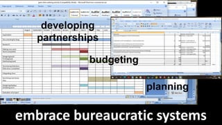 embrace bureaucratic systems
developing
partnerships
planning
budgeting
 