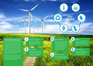 ECO
DESIGN
Eco Design and environmental aspects of
product development is nothing new to
us. Atlas Copco has a history of developing
modular tools with a deep respect for materials
and natural resources used in the products.
We always strive to maximize the functionality
of the product and at the same time minimize
the energy consumption to make sure the
environmental impact is as low as possible. By
developing accurate tools we make sure the
customer never has to waste time or energy to
re-do an operation. For battery tools we also
have the option to connect multiple tools to one
controller and thereby decrease the standby
energy consumption considerably.
Eco Design is all about minimizing a product's
environmental impact during its entire life-
cycle, including extraction of raw materials,
manufacturing, customer usage and recycling
while maximizing the productivity.
Information to Customer
We prepare for upgrading,
maintenance and recycling,
through labeling, modularization
and information in the product
information.
Hazardous Substances
We avoid hazardous substances
and materials listed on the Atlas
Copco Restricted & Prohibited list.
Reuse and Recycling
We design with recycling in mind.
We promote repair and upgrading,
especially for long lasting and
system-dependent products.To
increase the customer’s awareness
regarding the importance of
recycling, we are now including
Recycling Instructions in the
Product Information (PI).Energy Efficiency
We consider how the final product
will be used in order to minimize
energy and resource consumption
in the use phase, in production
and during transportation.
Materials
We use materials and structural
features to minimize the product’s
weight and invest in strong,
durable materials to protect the
product.
Mix and Modularity
We avoid mixing materials since
blends inhibit recycling and
consider fastening methods to
facilitate disassembly.
 